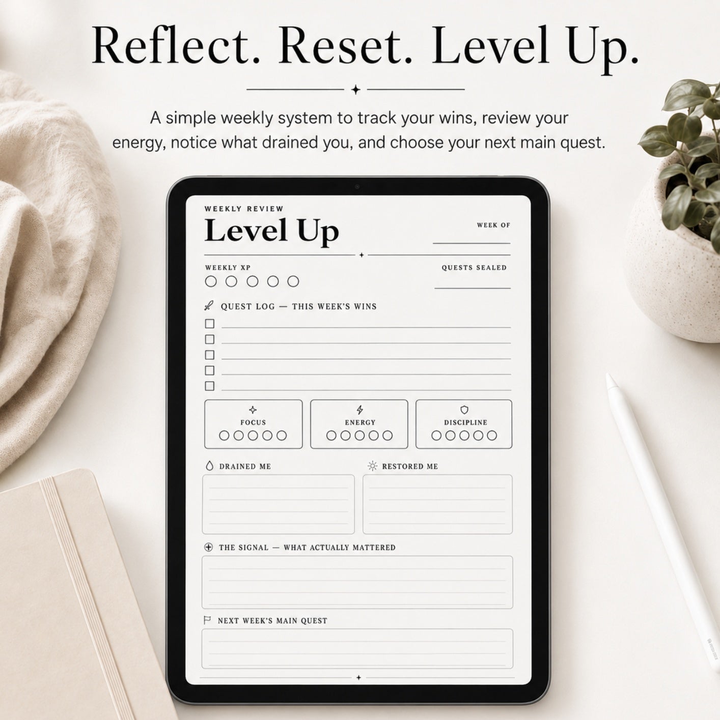 Level Up Weekly Review Journal - Digital PDF Planner