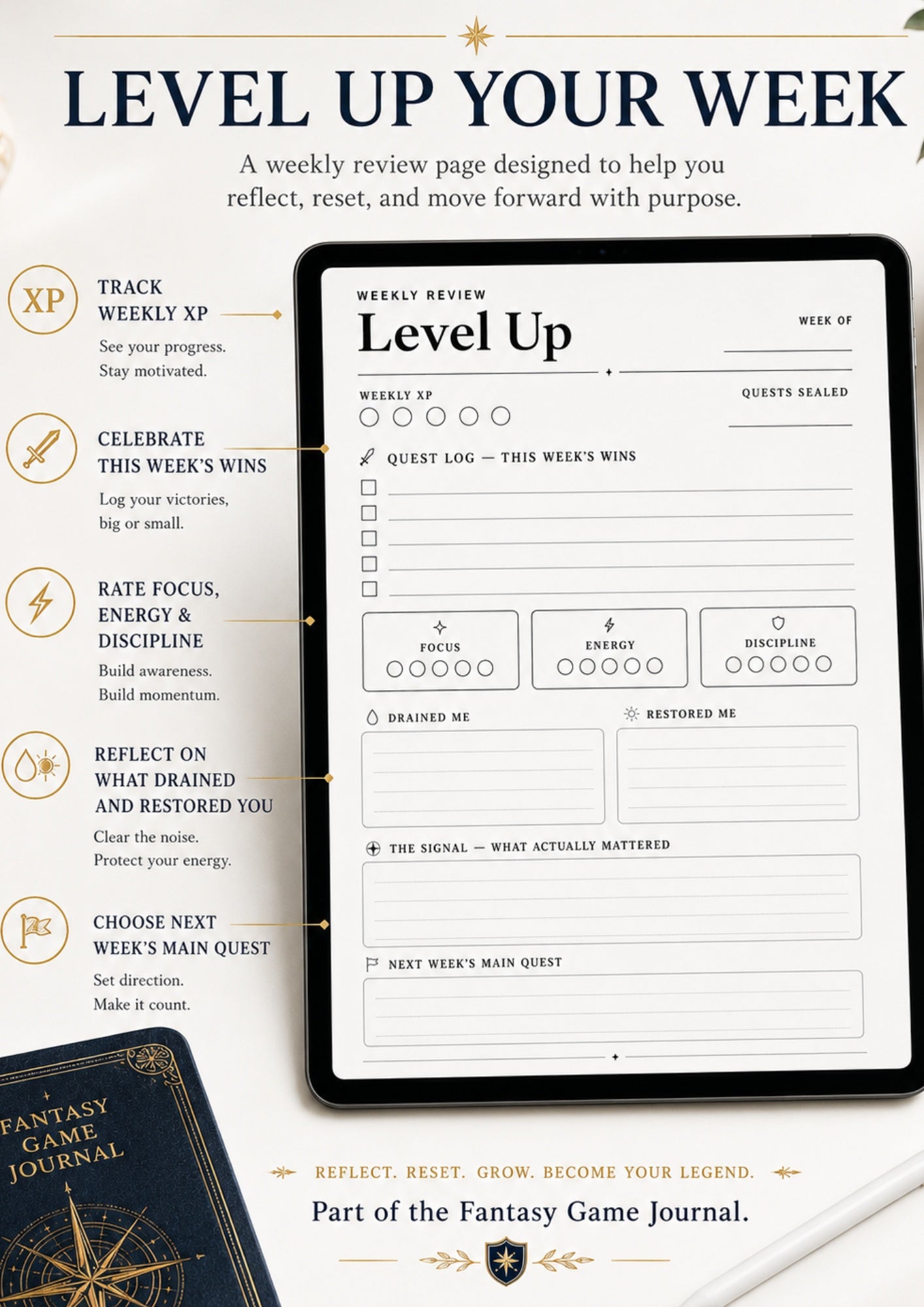 Level Up Weekly Review Journal - Digital PDF Planner