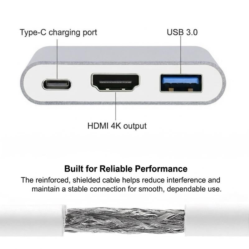 USB-C 3-in-1 Hub Adapter — HDMI + USB 3.0 + PD Charging | For Laptops, MacBooks & Projectors
