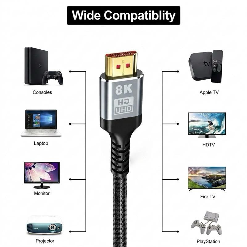 8K HDMI Cable 2m — Braided High-Speed | 8K@60Hz, HDR, Dolby Atmos | For Projectors, Gaming & TV