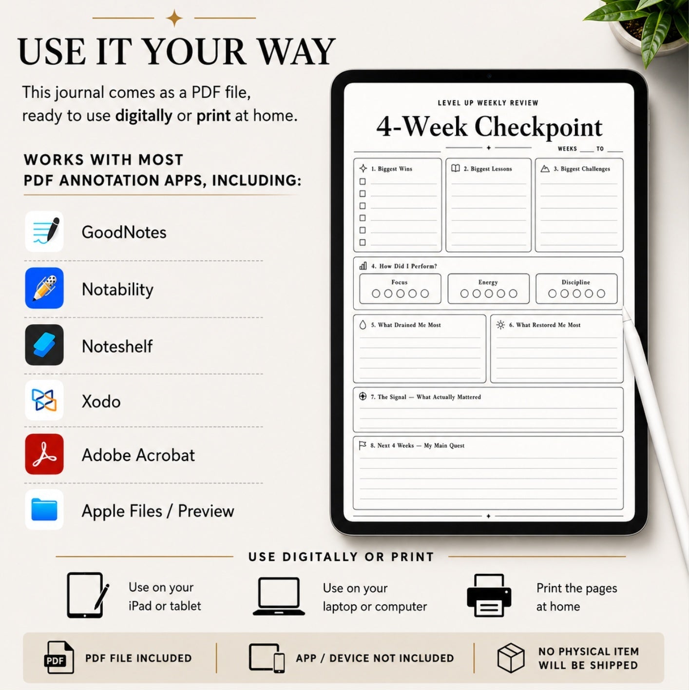 Level Up Weekly Review Journal - Digital PDF Planner