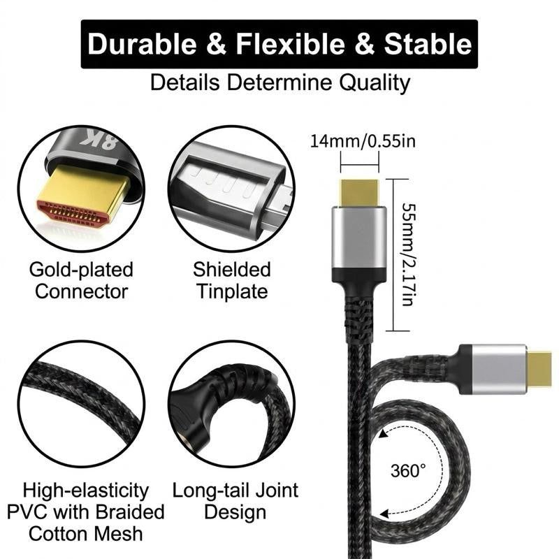 8K HDMI Cable 2m — Braided High-Speed | 8K@60Hz, HDR, Dolby Atmos | For Projectors, Gaming & TV