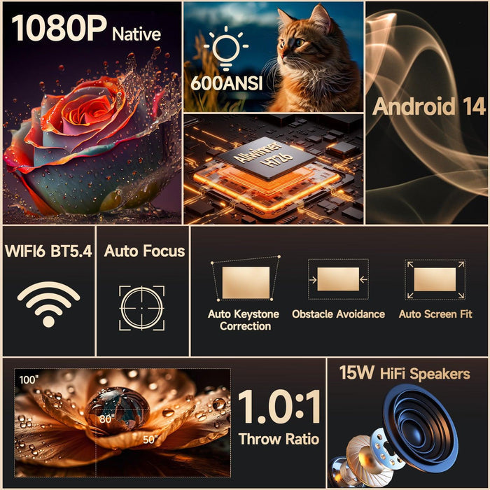 Magcubic HY350 Max 1080P Smart Projector | 600 ANSI | Android 14 | WiFi 6 | Auto Focus | Home Cinema