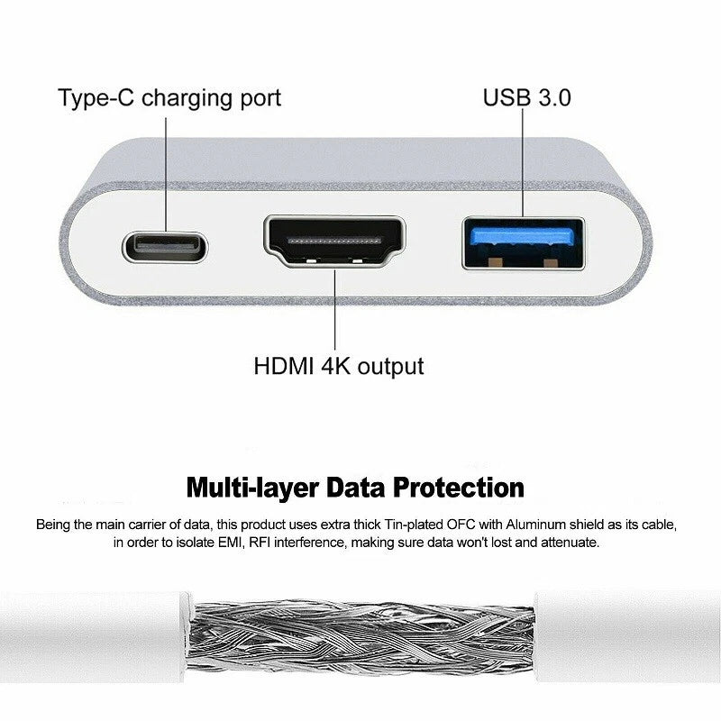 USB-C 3-in-1 Hub Adapter — HDMI + USB 3.0 + PD Charging | For Laptops, MacBooks & Projectors
